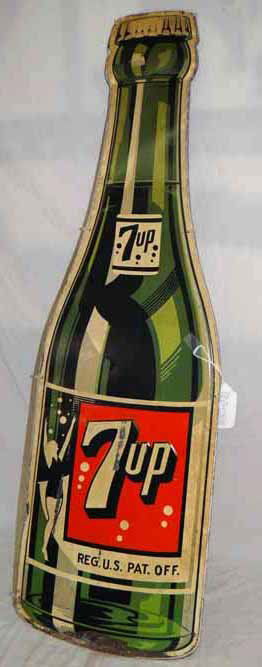 7-Up Bottle Sign: Tin 7-Up Bottle Sign with Girl in Swimsuit, Mounted on Board - 45"H x 13"W