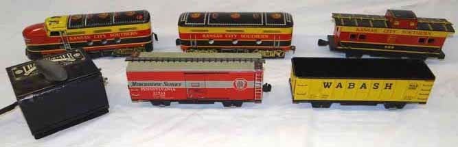 Marx Toy Train Set: Marx Diesel Type Toy Electrical Train Set in Box "Kanas City Railroad"-Has Engine, Tender, Box Car, Coal Car & Caboose, #1209 Transformer