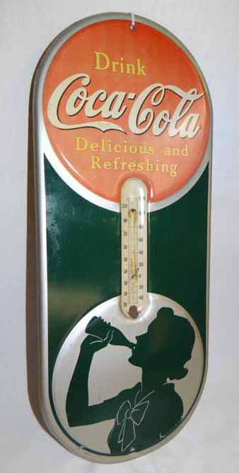 Coca Cola Thermometer: 1940's Tin Coca Cola Thermometer with Silhouette of Girl - 16"H x 6 3/4"W