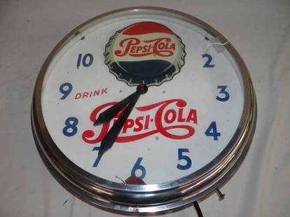 Pepsi Cola Light Up Clock: "Drink Pepsi Cola" Neon Light Up Clock with Moving Bottle Cap -Has metal body - 20"Diameter x 5 1/2"D