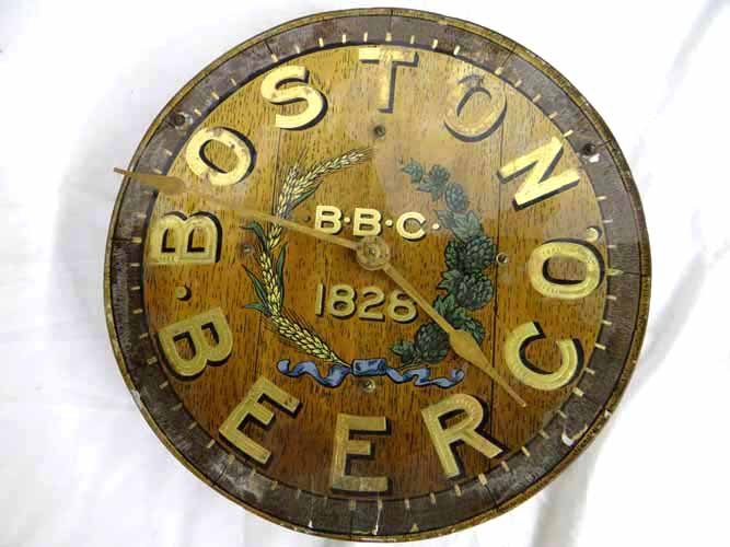 Boston Beer Clock: Tin & Glass Boston Beer Advertising Key Wound Clock with New Haven Movement - 14"Diameter