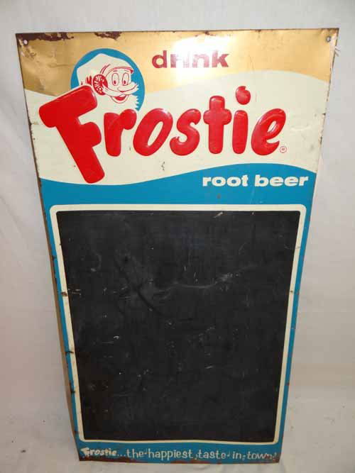 Frostie Root Beer Menu Board: Tin "Drink Frostie" Root Beer Menu Board - 15 1/2"W x 29 1/2"H