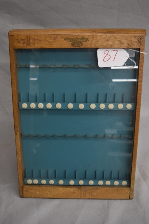 REMINGTON DUPONT WOOD & GLASS COUNTER DISPLAY CASE: WOOD AND GLASS COUNTER DISPLAY CASE - MARKED REMINGTON DUPONT - IT IS LOCKED AND THERE IS A KEY INSIDE - WOOD CASE SHOWS SOME WEAR20" H X 14 1/4" W X 8" D
