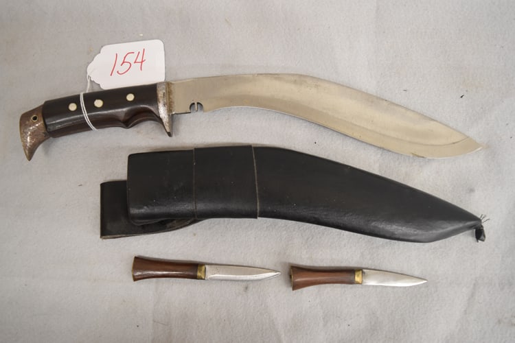 BASE CAMP KUKRI: BASE CAMP X KUKRI LARGE KNIFE W/WOODEN HANDLE - 17 1/2" W/LEATHER SHEATH AND (2) SMALL KNIVES