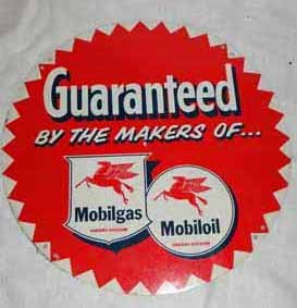 Mobil Gas Tin Tire Sign With Pegasus: Guaranteed By The Makers Of Mobil Gas Round Tin Tire Single Sided Sign With Pegasus, 16 1/2" D