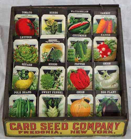 Card Seed Co. Seed Rack Display: 1930's Card Seed Company Seed Rack With Front Sign & Shipping Labels, Display Converts To A Shipping Box, Includes 16 Original Card Seed Packets