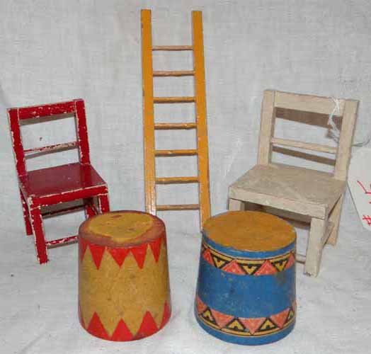 Schoenhut Chairs,Platform,Ladder: Group of Schoenhut Items To Include: (2) Chairs, (2) Animal Platforms, & Wooden Ladder