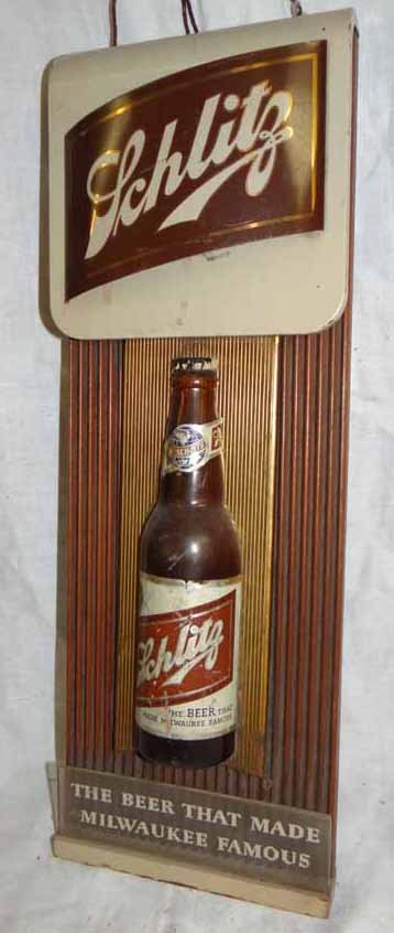Schlitz Bottle Sign: Schlitz bottle Tin & Wood Sign mad by Kay Co. 7" w x 21"h x 3"d