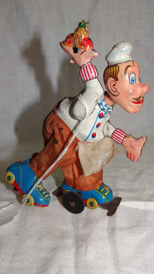 Skating Waiter Toy: Tin Wind Up Skating Waiter Toy, Made In Japan, 6"H X 3"