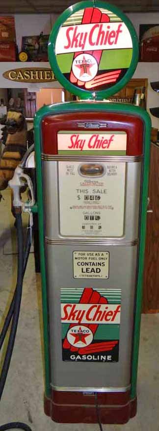 Gilbarco "Sky Chief" Gas Pump: Gilbarco Refinished "Sky Chief" Gas Pump With Globe, Has 1990 Porcelain Sky Chief Pump Plate Signs, Model 96 C 1G, 27"W X 72"H X 17"D