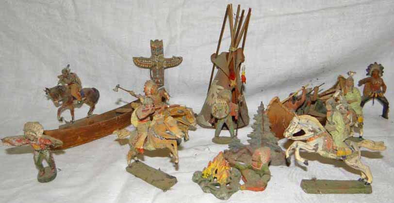 (20)Elastolin Indian Figures: Approx 20 Elastolin Indian Figures To Inc:Teepees, Horse & Riders, Indians, Camp Fire Tree & Totem Pole