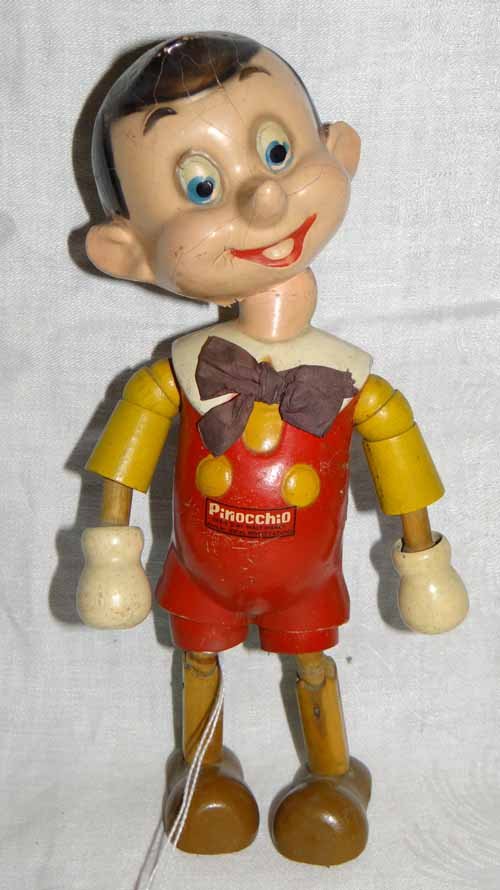 Pinocchio: Wood & Composition Pinocchio By Ideal Marked O.W.D.P., 1"H X 4"W, Has Orig Label On Chest & Bow Tie