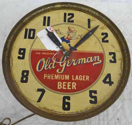Old German Beer Clock: Old German Beer Clock, Tin With Paper Label, 13 1/2" Diameter, Can Hear Motor Run