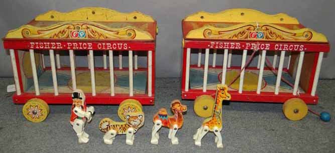 (2) Fisher Price Circus Wagons: (2) Fisher Price Wooden Circus Wagons W/ Removeable Tops, Has Fisher Price Ring Master, Tiger, Camel & Giraffe, Each Wagon Is 15" x 10 1/2" x 7"