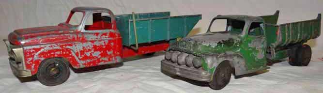 (2) Die Cast Toy Trucks: (2) Hubley Die Cast Trucks - Green Dump Truck is Hubley Kiddie Toy - 9 1/2"L & Hubley Red & Green Dump Truck - 9 1/2"L