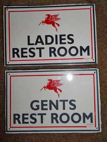 Pr of Mobil Ladies and Gents Rest Room Signs: Porcelain Mobil Ladies & Mens Rest Rooms signs each sign 9" L x 6"W