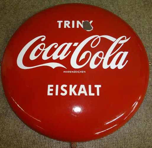 Coca-Cola Button: Porcelain Coca-Cola Button, 1940's, Says "Trink Eiskalt" - 16" Diameter