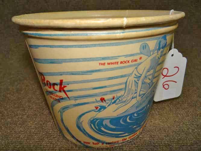 White Rock Ginger Ale Ice Bucket: White Rock Ginger Ale Wax Coated Paper Ice Bucket Picturing 2 Images of Their Trademark "Psyche the White Rock Girl"