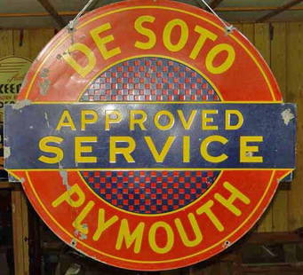 Desoto Plymouth Sign: Porcelain Desoto Plymouth Approved Service Double Sided Sign