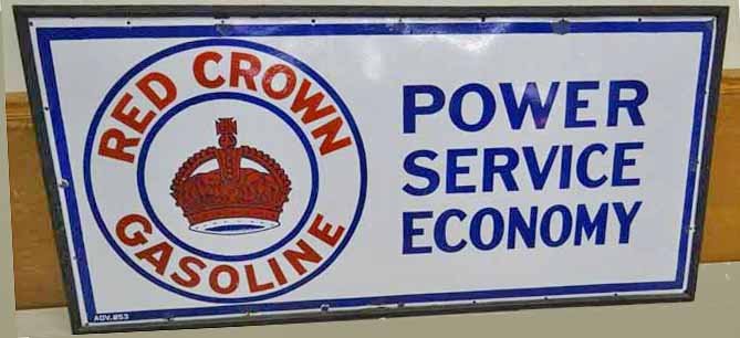 Red Crown Gasoline Sign: Porcelain Red Crown Gasoline Single Sided Sign "Power Service Economy" in Wood Frame