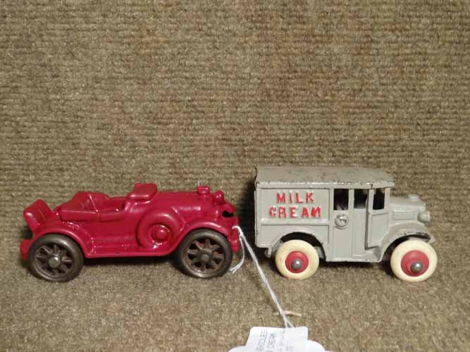 (2) Hubley Vehicles: (2) Hubleys to inc: 1930's Milk & Cream Truck & Rumble Seat Roadster