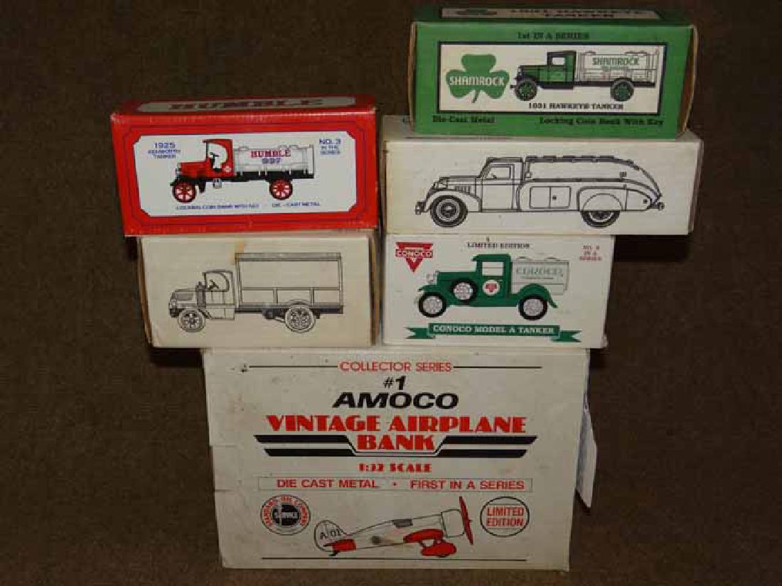 (6) banks in orig boxes: (6) Banks in Orig Boxes to Inc: Amoco Airplane, Conoco, Humble, Shamrock, Airflow & Mack Deliver Truck