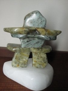 Inuit Inukshuk by Shytoo Muchpah: Soapstone Inuit carving, Inukshuk on ice, 5 inch x 4 inch........msrp.....300
