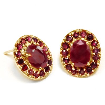 Wow...5 ct ruby & solid gold ear ring: 10k solid yellow gold 2.03 grams..; center gemstones..2 oval shape..3.35 ct..excellent ... burgundy color;side stones.. 30 in count...1.62 ct...burgundy color. msrp..3800