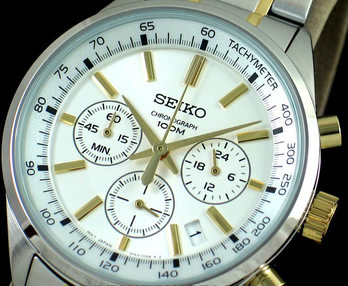 Seiko Men Gold Steel Watch: 100% AUTHENTIC AND BRAND NEW SEIKO MEN CHRONOGRAPH TACHYMETER GOLD STEEL 2 TONE 100M WATCH SSB043P1. CHRONOGRAPH SERIES, JAPAN MOVEMENT 6T63, CHRONOGRAPH, 100M WR, HARDLEX CRYSTAL, CALENDAR, GOLD TONE