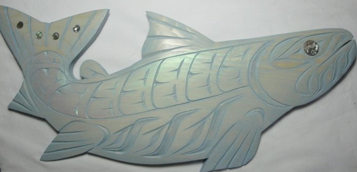 West Coast Native Spring Salmon: West Coast Native Spring Salmon......old growth pine..22" length. carved and spring color wash...with abalone.. by first nation artist Bob Brian.