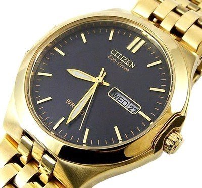 Citizen Champagne eco drive Watch: Citizen Men's ECO-DRIVE Gold Dress Watch With BLACK DIAL ; Corso Collection. Brushed and Polished Stainless steel case and bracelet. Stunning Black Dial Gold tone hands and markers. Luminous Hands 180
