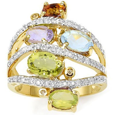Diamond & Multi Gemstone Ring: Platinum over Sterling Silver 0.925 ..4.23 grams; Ring size 7; genuine Diamonds 53 quantity....0.29 cts....SI1/SI2-G/I; OVAL CUT Amethyst...0.83 cts; Lemon Topaz 0.82 cts; peridot 0.27 cts; Magical Az