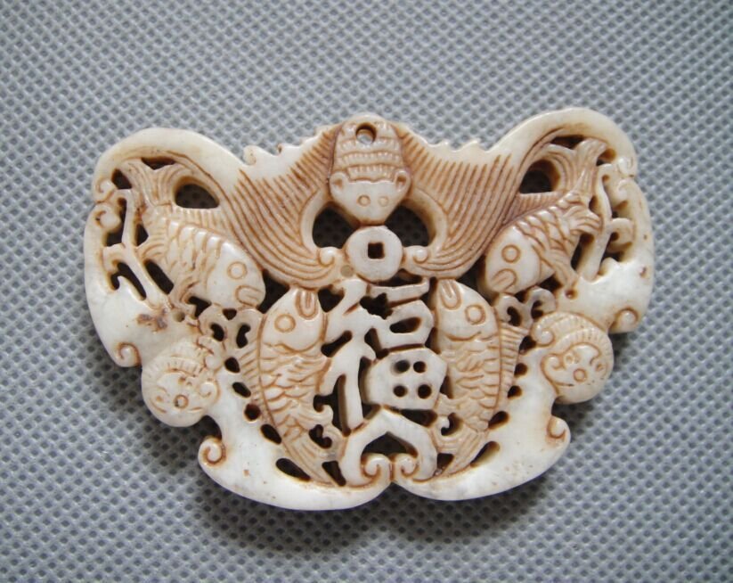 Old Jade Bat & Double Fish Pendant (1 of 1)