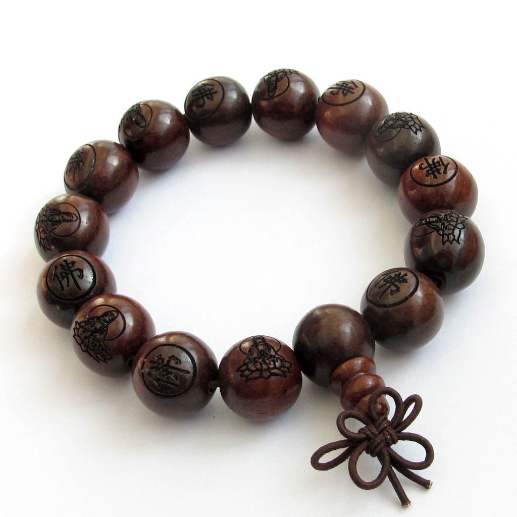 Natural Wood Buddhist Mantra Engraved Prayer Beads (1 of 1)