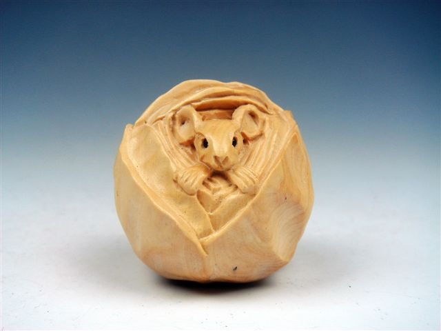 Japanese Hand Carved Sculpture Mouse Wrapped Cabbage (1 of 3)
