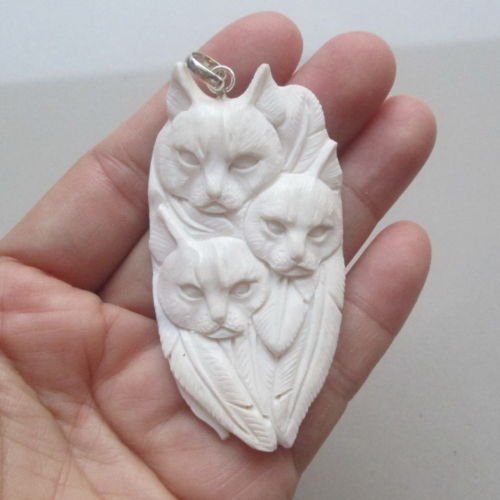 Hand Carved Pendant: Hand Carved Cat Family Pendant.........Size : 68 mm x 34 mm