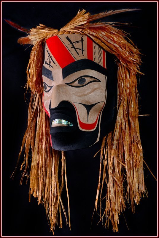 West Coast Native "Keeper of Lost Souls": Keeper of Lost Souls..........Native mask by master carver Doug David....14" height(without cedar bark) and has very strong presence.made of red cedar..abalone on the teeth unique painting...artist: D