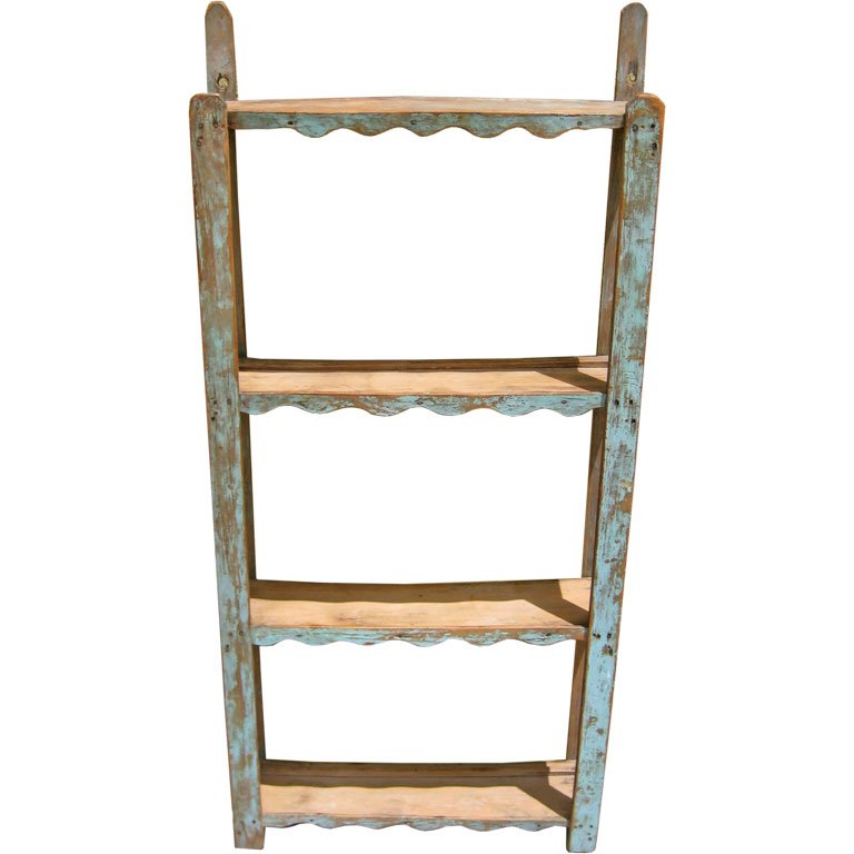 New Mexican Painted Wooden Shelf: A wonderful early New Mexican hanging shelf ideal for your kitchen spices. 41.5" high x 19" wide x 3" deep