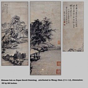 Chinese ink on Paper Scroll Painting: Chinese ink on Paper Scroll Painting, attributed to Wang, Chen ( 1720 - 1797 ), Ming Dynasty Dimension: 53.15 by 22.44 inches. on Paper Scroll Painting, attributed to