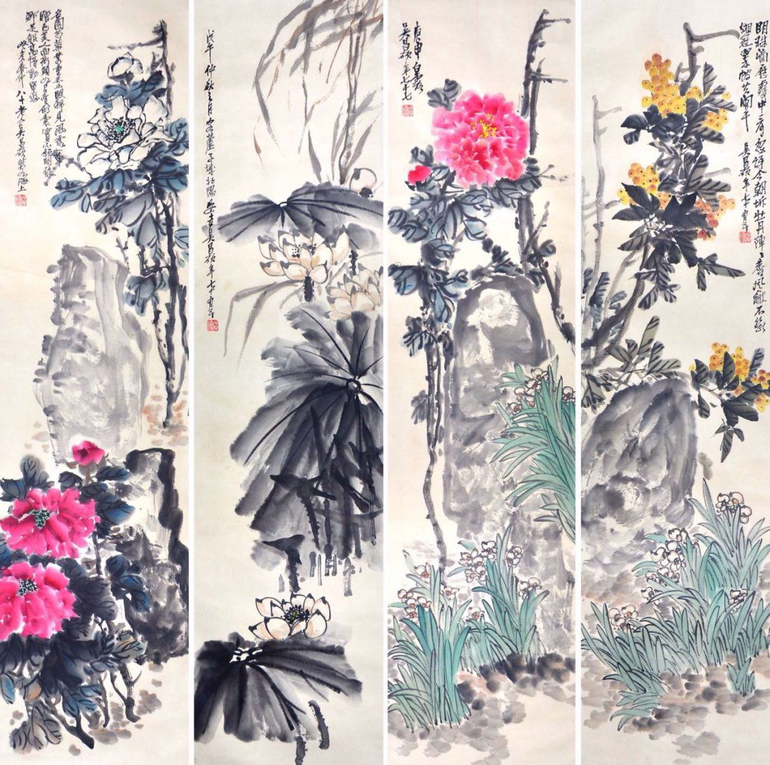 Chinese ink on Paper Four Scroll Paintings (1 of 1)