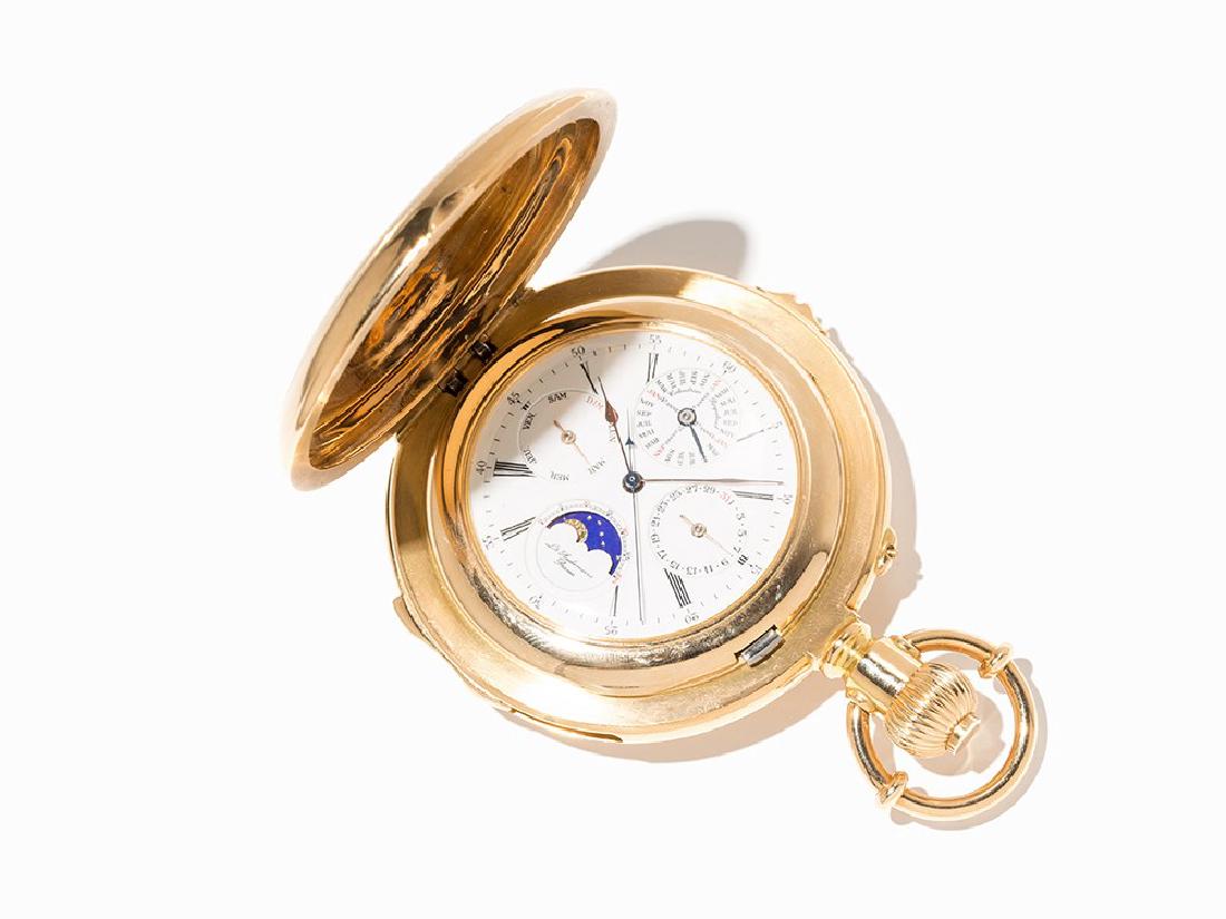 Louis Audemars, Gold Hunter with Perpetual Calendar,: Louis Audemars gold hunter No. 12.766 with minute repetition, perpetual calendar and independent jumping centre second, lunar phase and age, movement made in about 1876, case later. Cf. Louis-Benjamin