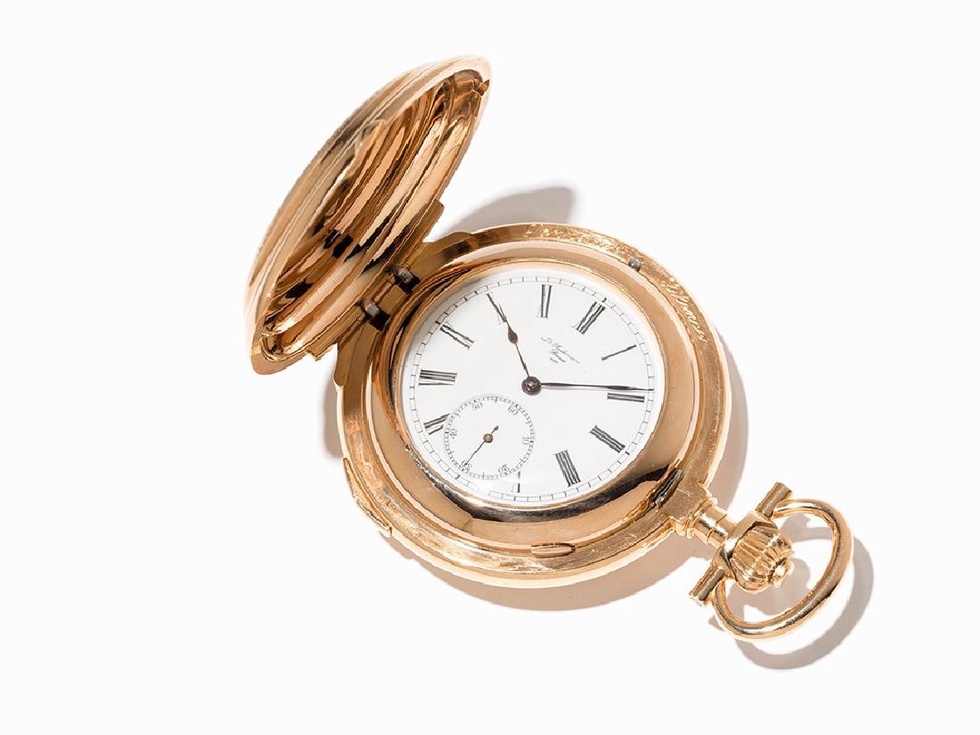 Louis Audemars, Gold Hunter with Strike-Work, Around: Louis Audemars gold hunter No. 15.556 with strike-work and minute repetition. Made in about 1884. Cf. Louis-Benjamin Audemars: His Life and Work; Hartmut Zantke; p. 426 Provenance: Collection Hartmut