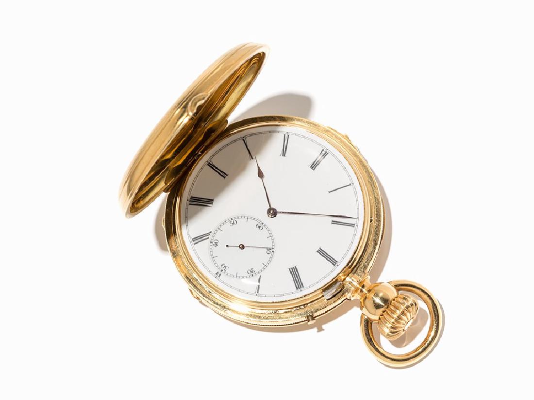 Louis Audemars Gold Hunter with Chronometer Escapement,: Louis Audemars gold hunter No. 9.158 with chronometer escapement and early Audemars pendant and crown winding and setting system, made in about 1864 for Auguste Huguenin, Le Locle. Cf. Louis-Benjamin