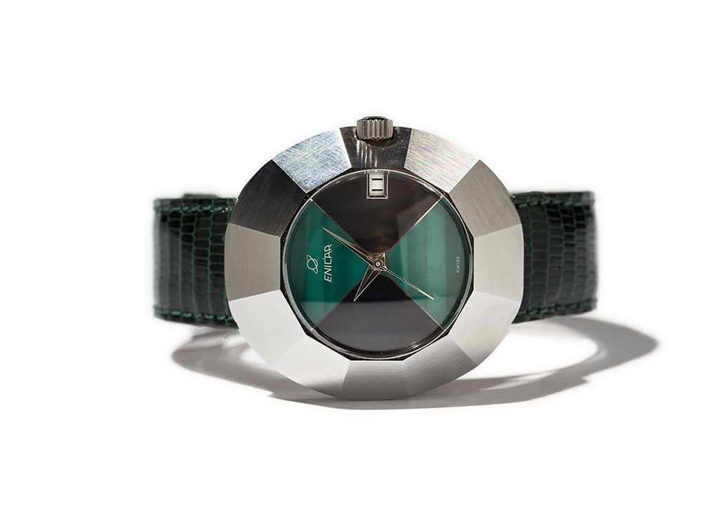 Enicar Sherpa Star Wristwatch, Switzerland, Around 1975: Enicar Sherpa Star wristwatch Switzerland, around 1975 Automatic movement, hour, minute, second, date Blue-green dial, silver hands Watch case and crown of stainless steel Green leather strap with pin