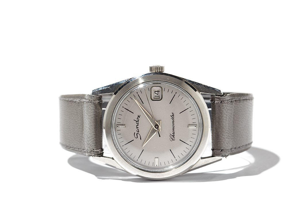 Sandoz Chronometer, Switzerland, Around 1960: Sandoz Chronometer wristwatch Switzerland, around 1960 Automatic movement, calibre AS 1716-17; hour, minute, second, date Grey dial, silver hands Watch case and crown of stainless steel Grey leather s