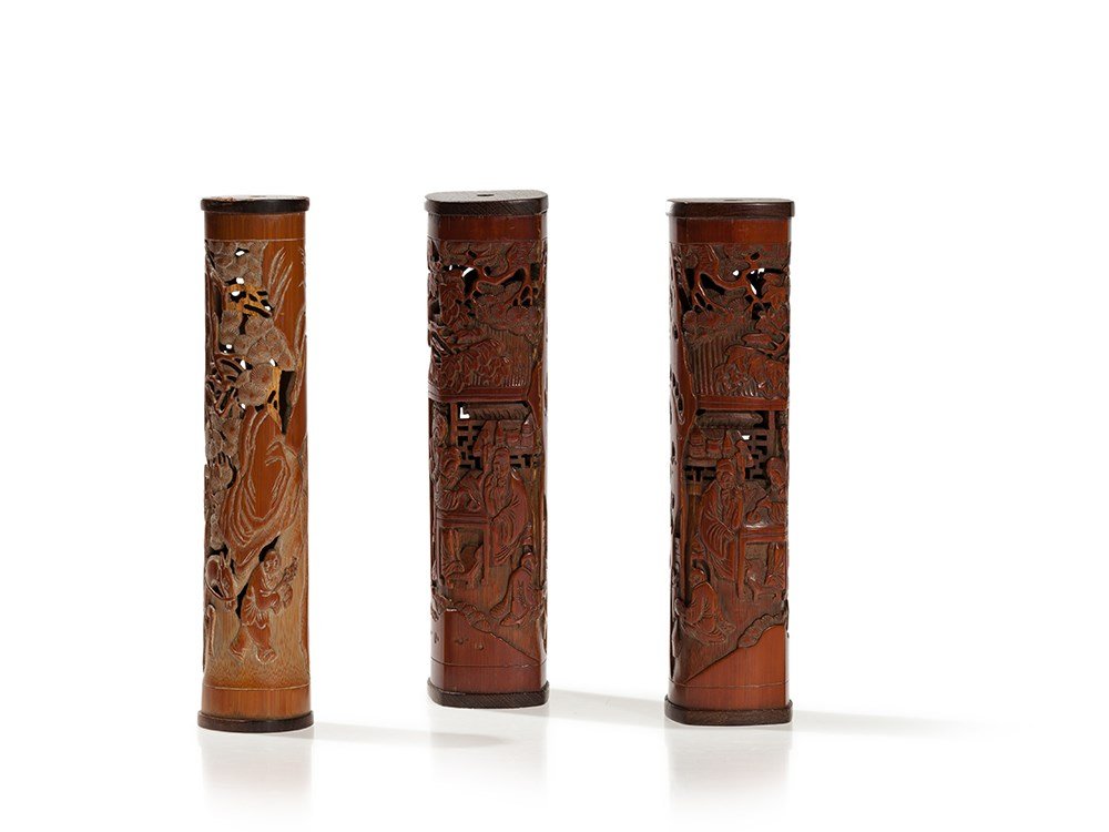 Three Zong Yu Bamboo Incense Containers, China, late: Bamboo, each carved from one piece China, late Qing dynasty (1644-1912) Zong Yu ? ? – famous bamboo carver from the Qing dynasty Each with artist’s signature Impressive carving Partly open work Fi