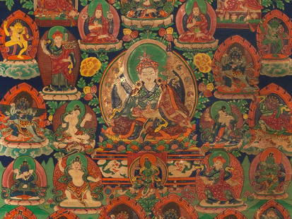 Thangka with Representations of Padmasambhava, Tibet,: Linen, brocade, silk, cotton Tibet, first half of the 20th century Padmasambhava and his various forms and deities Detailed depiction Mounted on brocade frame Silk protection with Tibetan inscription