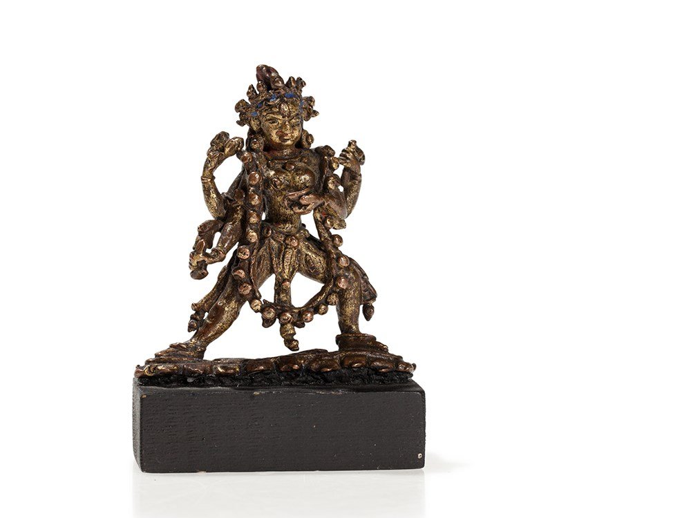 Fire-Gilt Bronze Figure of Vajrapani, Nepal, 14th/15th: Bronze, fire- gilt Nepal, 14th / 15th century Cold-painted in indigo blue and red Partly open work With different attributes in the hands On a lotus pedestal Dimensions of the figure: 7.5 x 6.5 x 2 cm