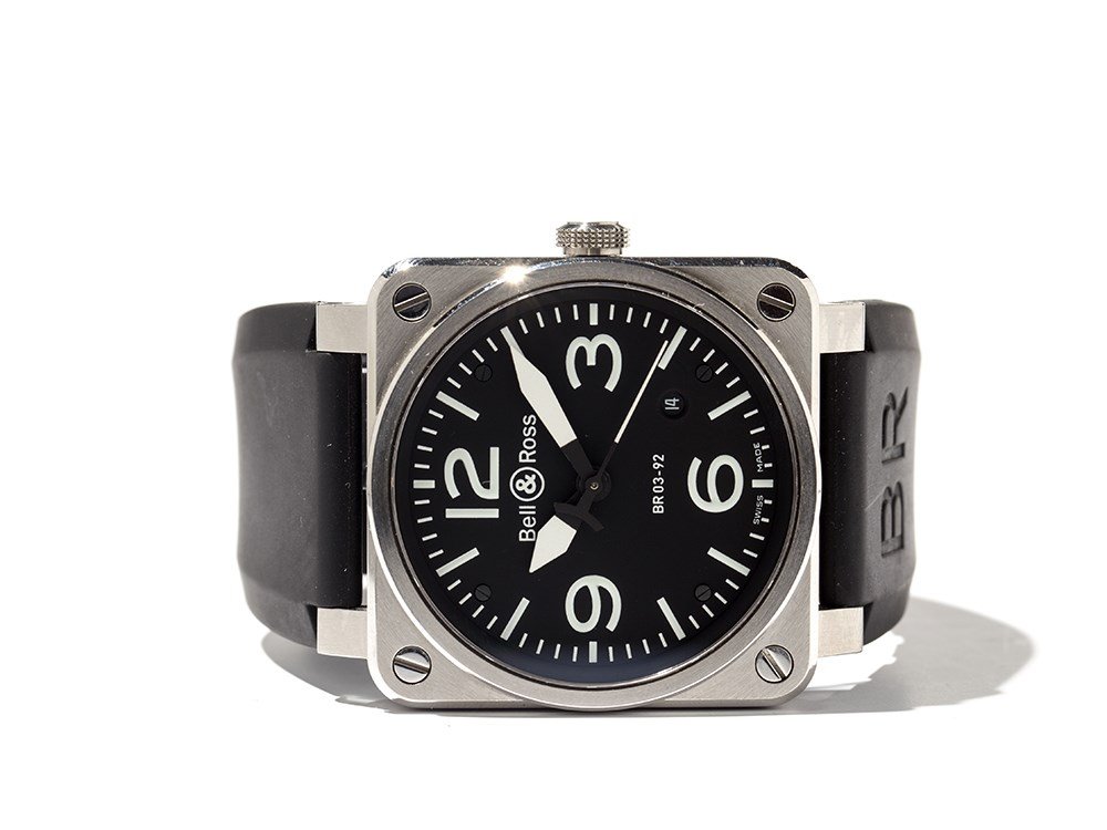 Bell & Ross Aviation Type Wristwatch, Switzerland,: Bell & Ross Aviation Type Military Spec. wristwatch, ref. no. BR 03-92-S-24013 Switzerland, around 2010 Automatic movement, hour, minute, second, date Black dial, white hands Watch case, crown and cla
