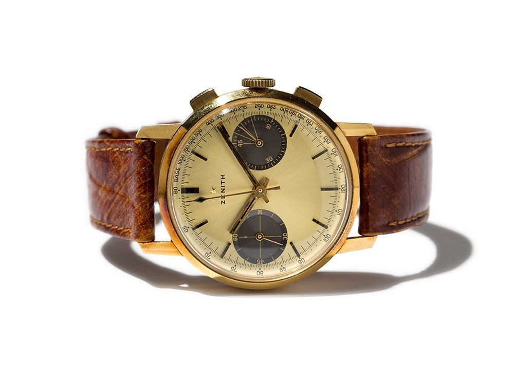 Zenith Chronograph, Switzerland, Around 1960: Zenith Chronograph Switzerland, around 1960 Manual wind movement, calibre 146DP, hour, minute, second, chronograph Gold dial, gold hands Watch case of 18K gold, crown gold plated Brown leather strap w